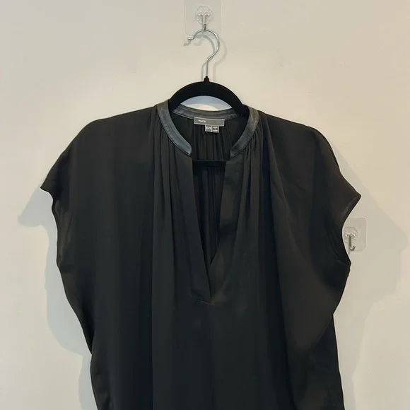 Vince Leather Trim Placket Silk Cap Sleeve Top Black - Picture 3 of 8